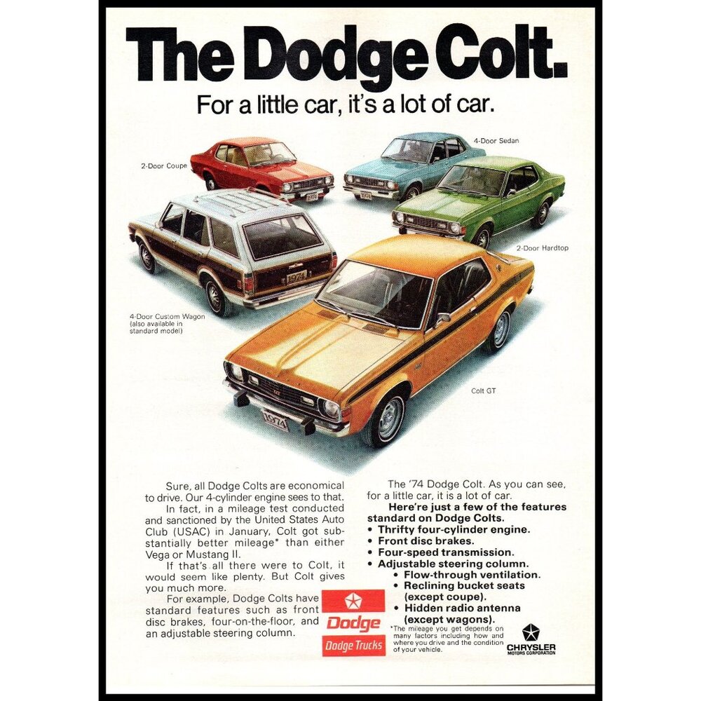 1975 Dodge Colt Line Up Vintage Print Ad GT Coupe Wagon Sedan Wall Art Photo